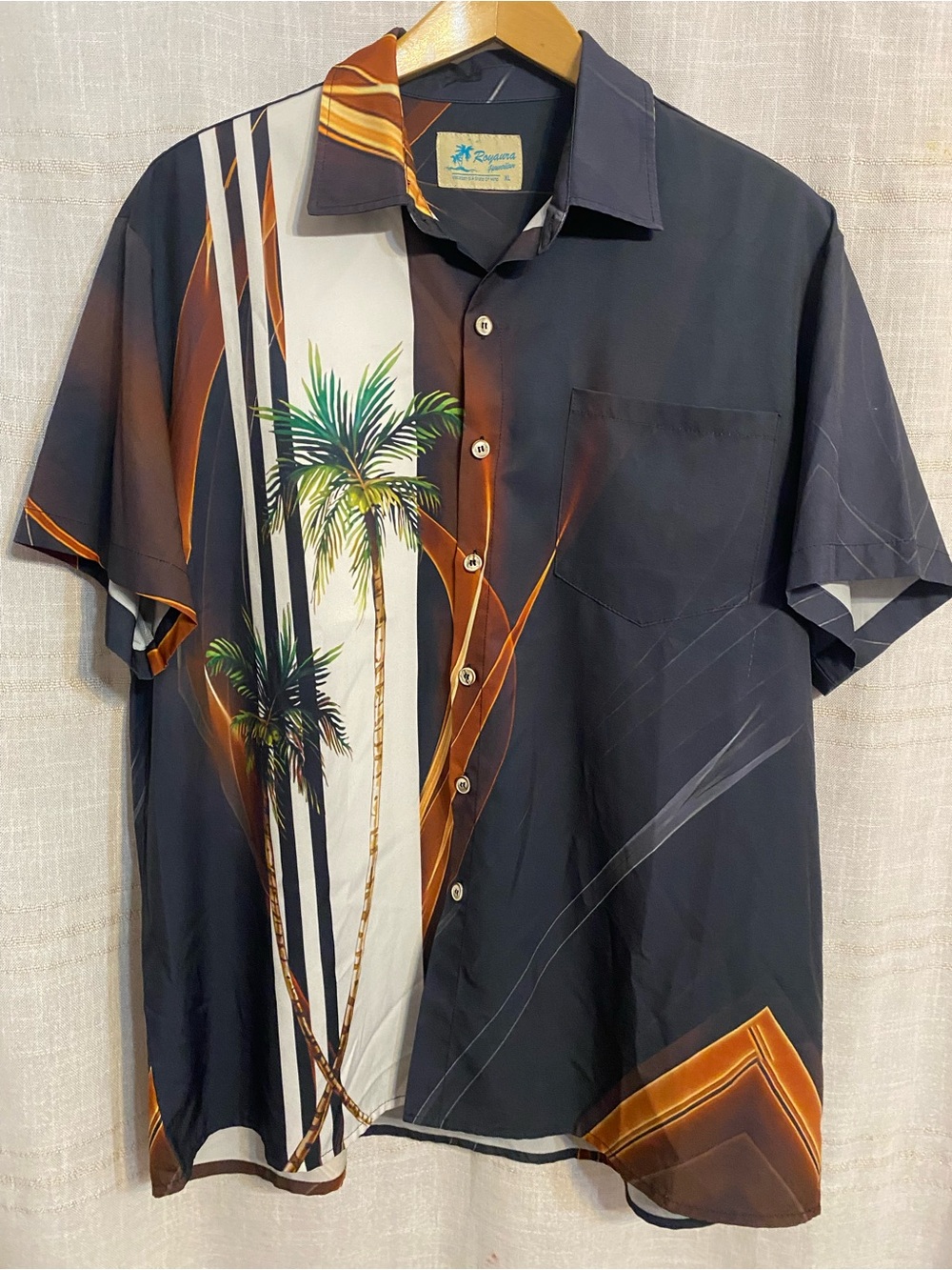 Royaura Coconut Palm Trees Waves Retro Bowling Resort Shirt Men's XL